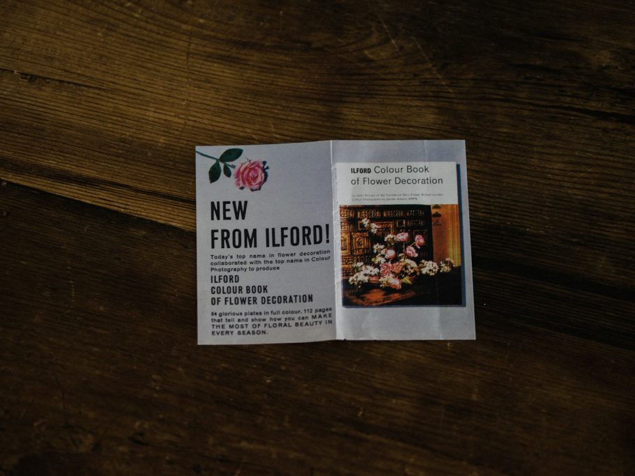 Fotobiglietti Brochure featuring floral design and text about new products from a brand.